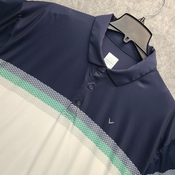 Callaway Opti Dri Polo Shirt Mens XXL White Blue Color Block Stripe Golf Stretch - Picture 1 of 8